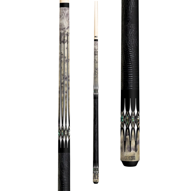 K2 Cues KL192 (Matte Gray Birdseye, White & Abalone Design, Black Emb. Lizard Wrap, 12.5LD /U) K2 Cues